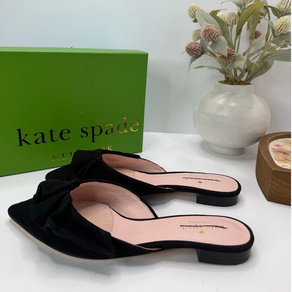 Kate Spade Faryn Suede Bow Pointed Toe Flat Black S110170 Women 6.5M Tried On